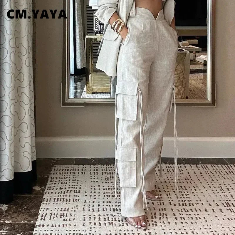 CM.YAYA Fashion Women's Set Long Sleeve Blazer Suit and Wide Leg Cargo Pants 2023 OL Workout Two 2 Piece Sets Outfit Tracksuit