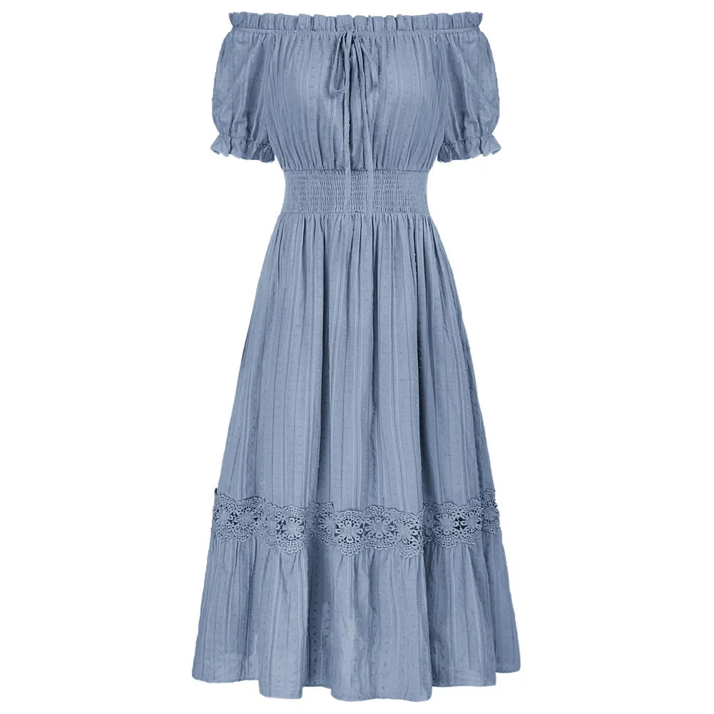 SD Women Renaissance Cotton Dress Summer Short Sleeve Ruffled Off Shoulder Flared A-Line Dress Ruched Slim Fit Fashion Dresses Glaucous
