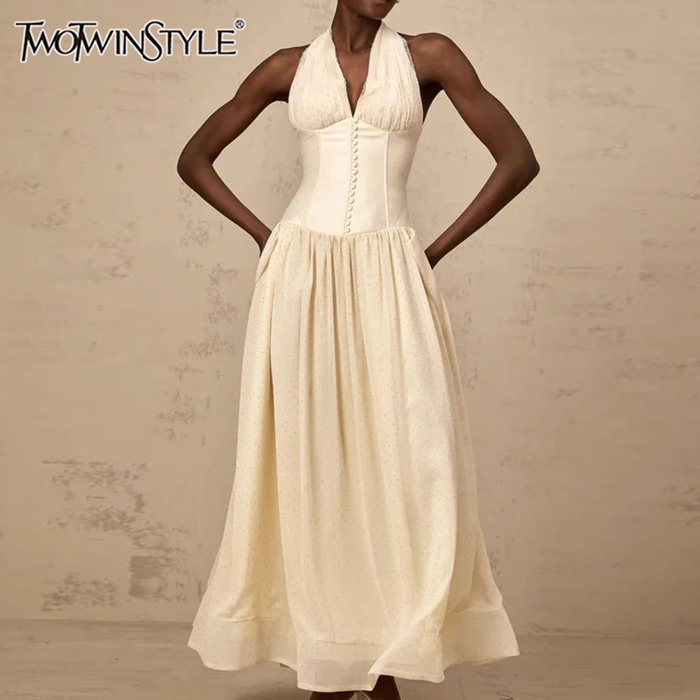 TWOTWINSTYLE Solid Slimming Temperament Dresses for Women Halter Neck Sleeveless Patchwork Folds Tunic Elegant Dress Female New