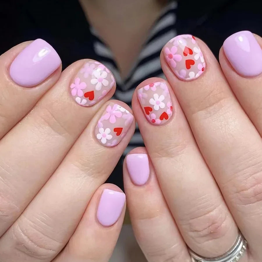 Faux ongles courts et carrés brillants, 24 pièces/boîte, pointe française colorée, motif floral, printemps-été, pour femmes