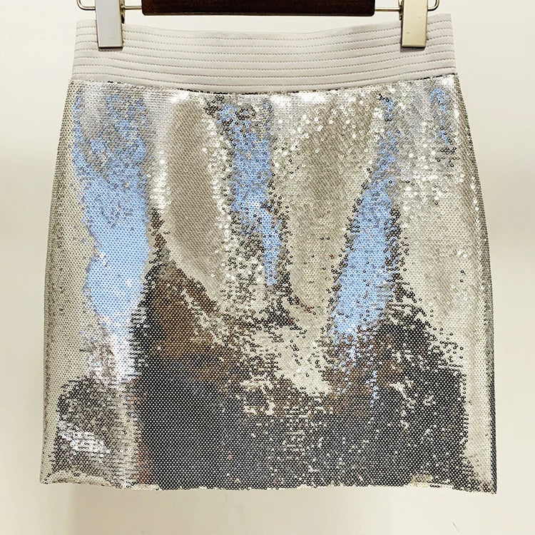 HIGH STREET Newest Stylish Designer Suit Set Women's Glitter Seqeuined Crop Short Jacket Skirt Suit 2pcs