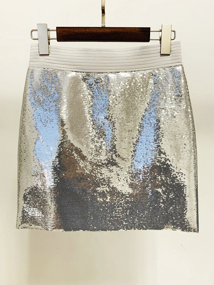 HIGH STREET Newest Stylish Designer Suit Set Women's Glitter Seqeuined Crop Short Jacket Skirt Suit 2pcs