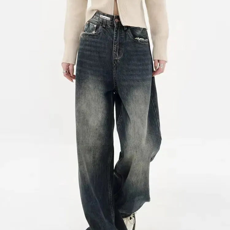 Women's Harajuku Style Loose Wide Leg Jeans Autumn Winter Street Fashion Retro Straight Loose Denim Trousers