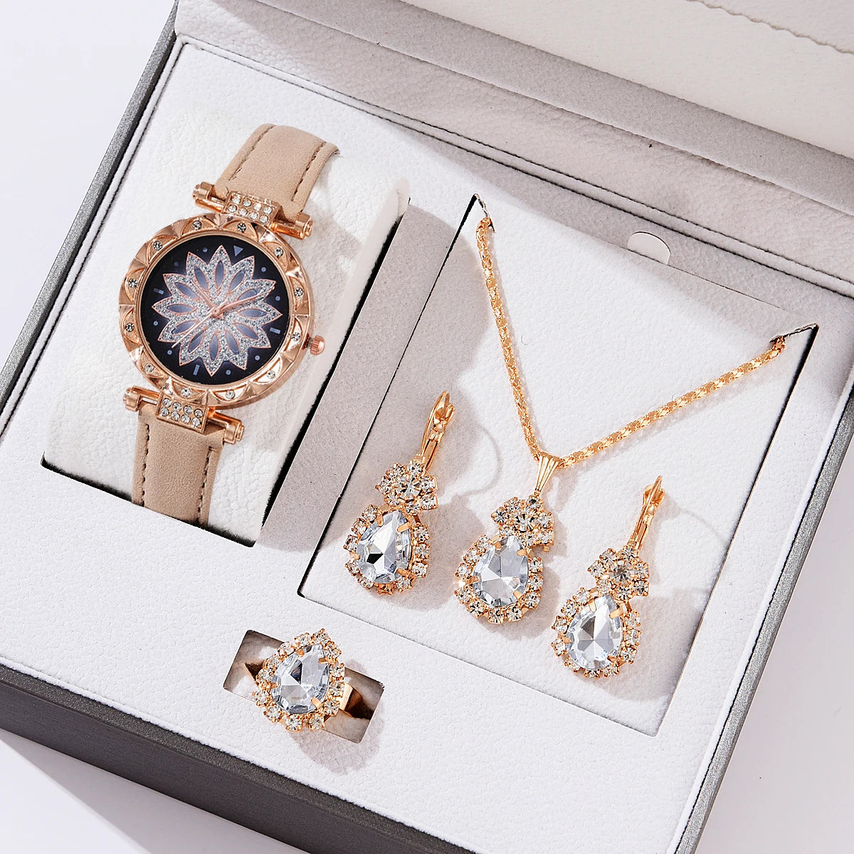 5pcs Set Watches Women Leather Band Ladies Watch Simple Casual Women's Analog WristWatch Bracelet Gift Montre Femme 5pcs set beige