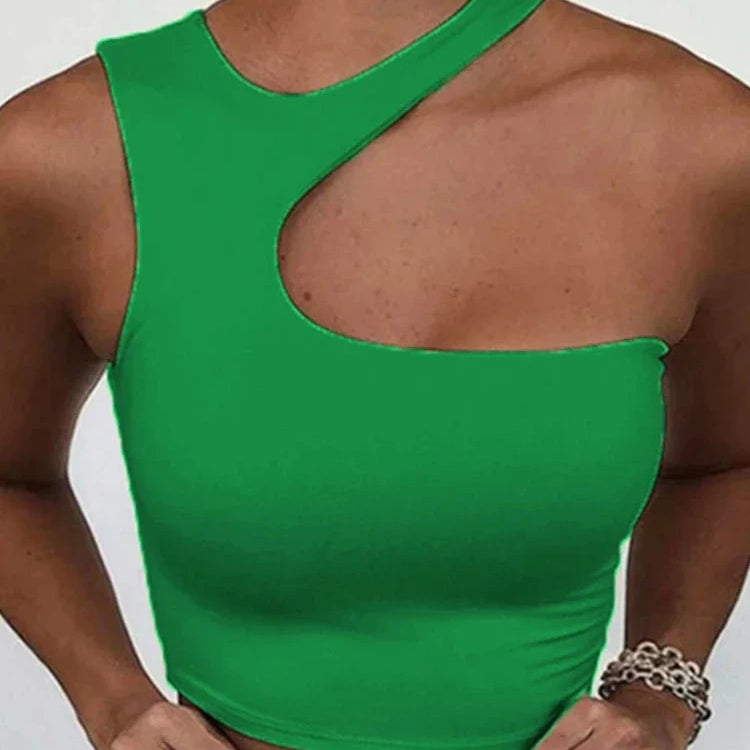 Cut Out Sexy Crop Off Shoulder Solid Skinny Sport Short Tops Women Tank Irregular Summer Tube Tops green