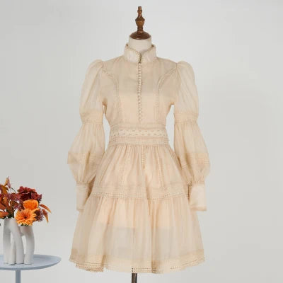 Runway Designer Embroidery Lace Patchwork Party Night Dress High Quality Lantern Sleeve Stand A Line Vintage Elegant Dress