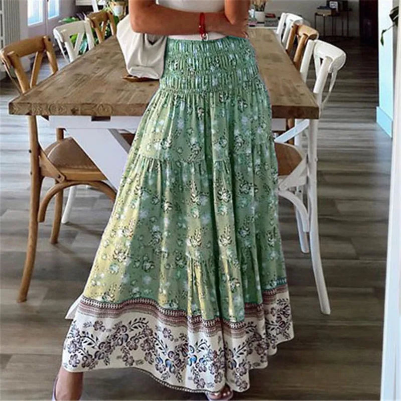 Sweet Style Casual Floral Print Skirts Vestido Summer Women Elastic High Waist Maxi Long Skirts Boho Ladies Holiday Beach Skirts
