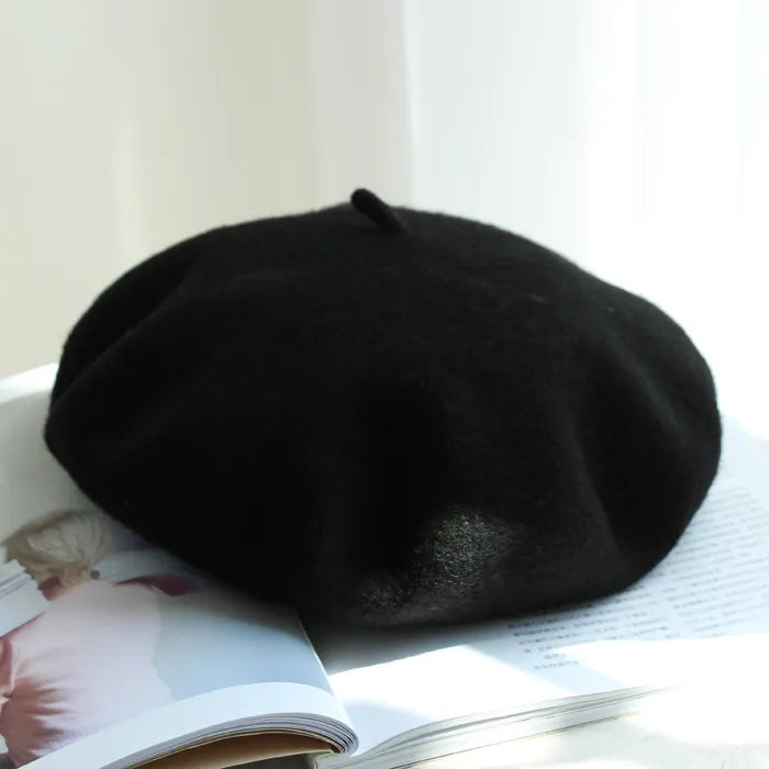 Wool Thick Berets Artist French Beret Women Painter Hat Girls Female Warm Walking Cap black 55-57cm