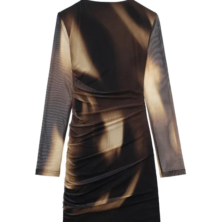 Fashion Women Sexy Mini Dresses O-neck Bodycorn Long Sleeve Pleated Mesh Print Vestidos Female Streetwear Mini Dress
