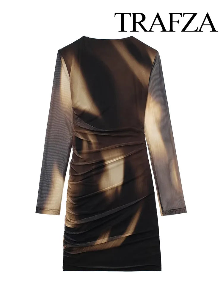 Fashion Women Sexy Mini Dresses O-neck Bodycorn Long Sleeve Pleated Mesh Print Vestidos Female Streetwear Mini Dress