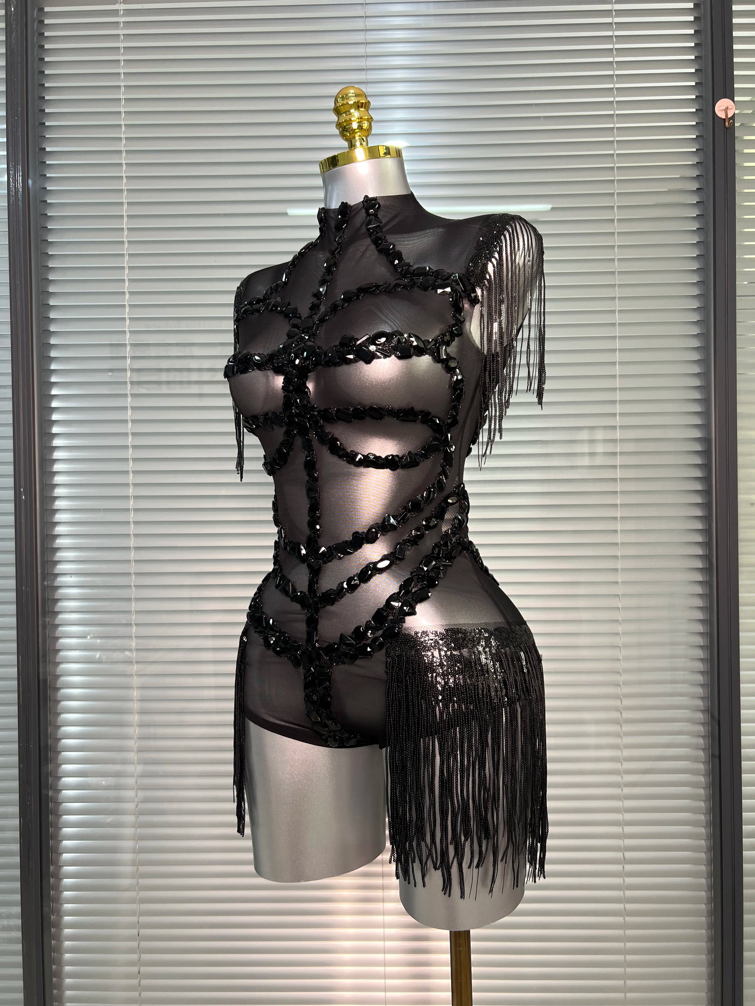 Summer New Women Sexy Black Tassel Crystal Diamonds Stretchy Night Club See Through Singer Dancer Stage Costume Party Bodysuit