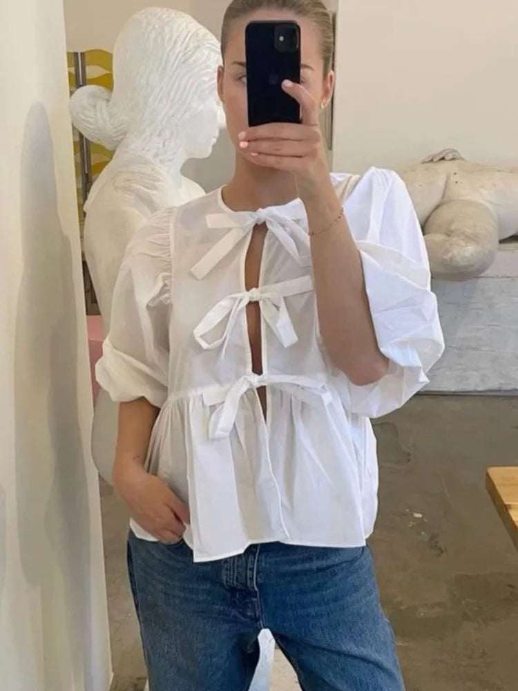 Bow Tied Lace Up Shirt Women Pleats Office Puff Sleeve Female Chic Slim Solid Tops Summer Sweet Lady V Neck Tops