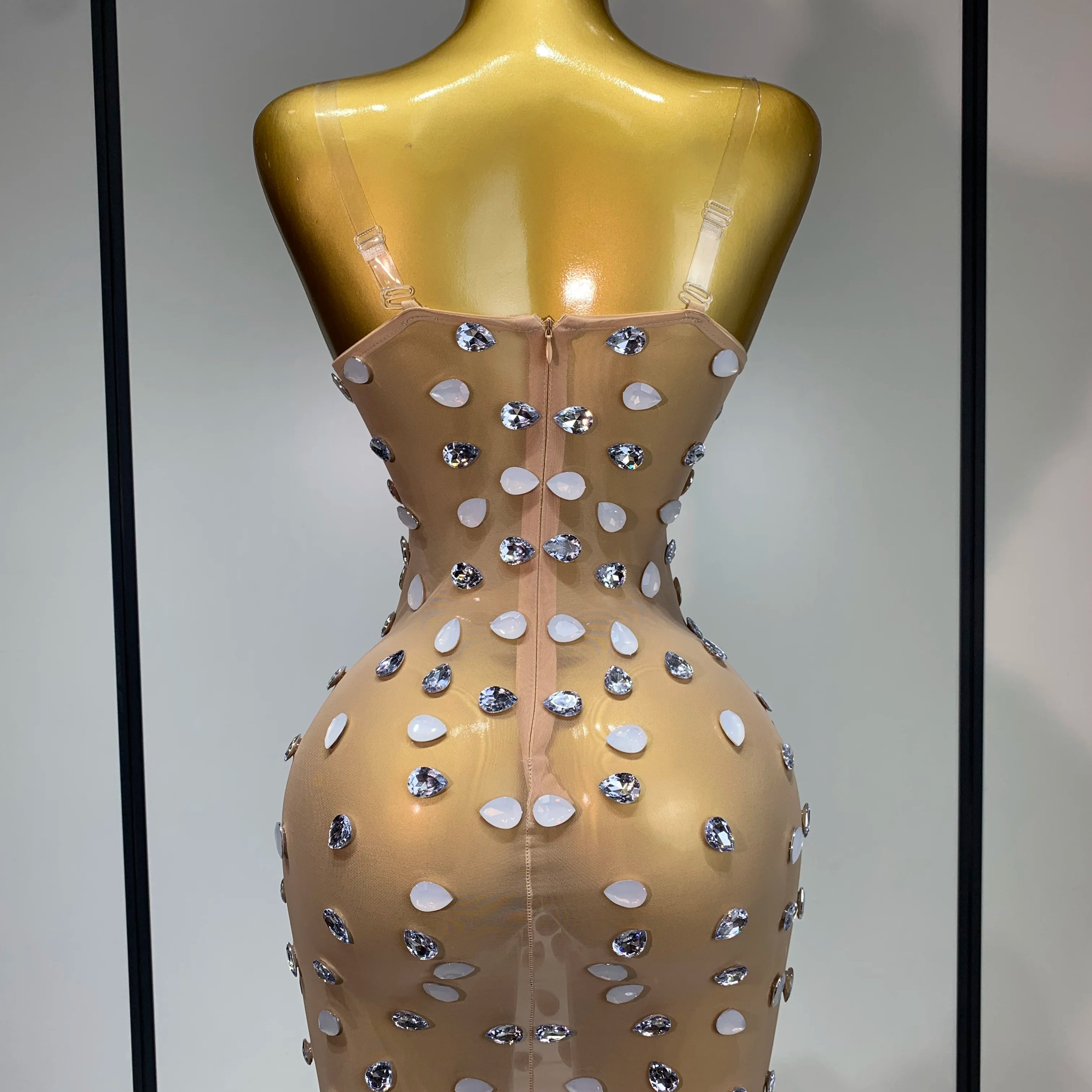 Sexy Sparkly Rhinestone Backless Mini Dress Women Sleeveless Mesh See Through Evening Party Luxury Birthday Gown Stage Outfit