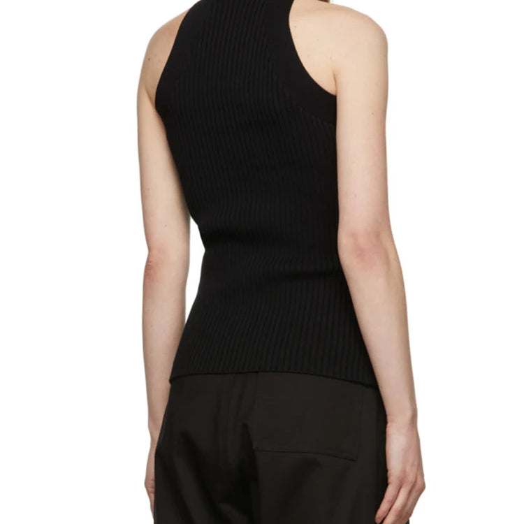 TWOTWINSTYLE Regatas de tricô vazadas e lisas para mulheres, gola alta, sem mangas, ombro de fora, coletes finos, roupas femininas da moda