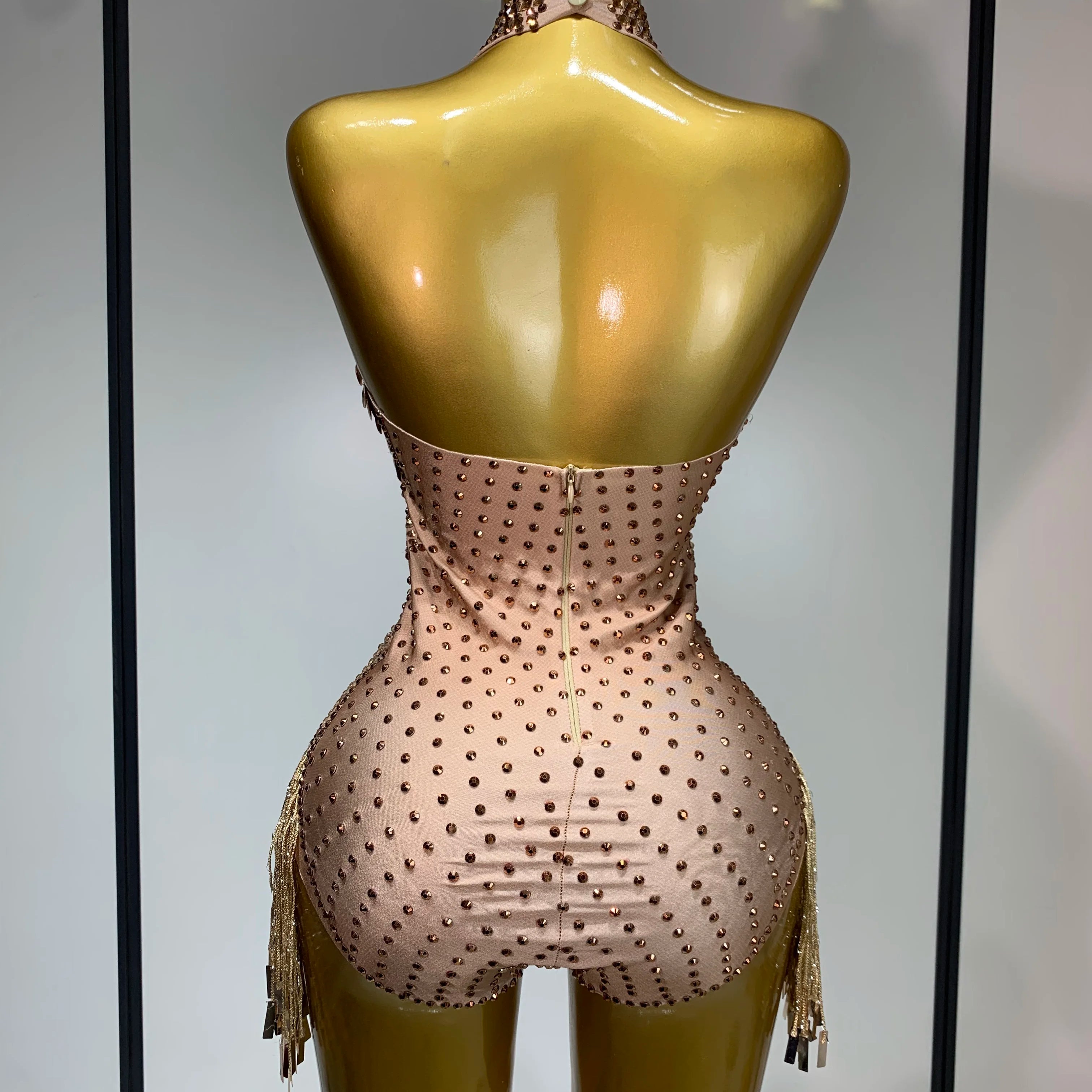 Luxury Sparkly Rhinestones Tassels Sequins Bodysuit Women Sexy Halter Backless Stage  Performance Costume Club Birthday Outfit