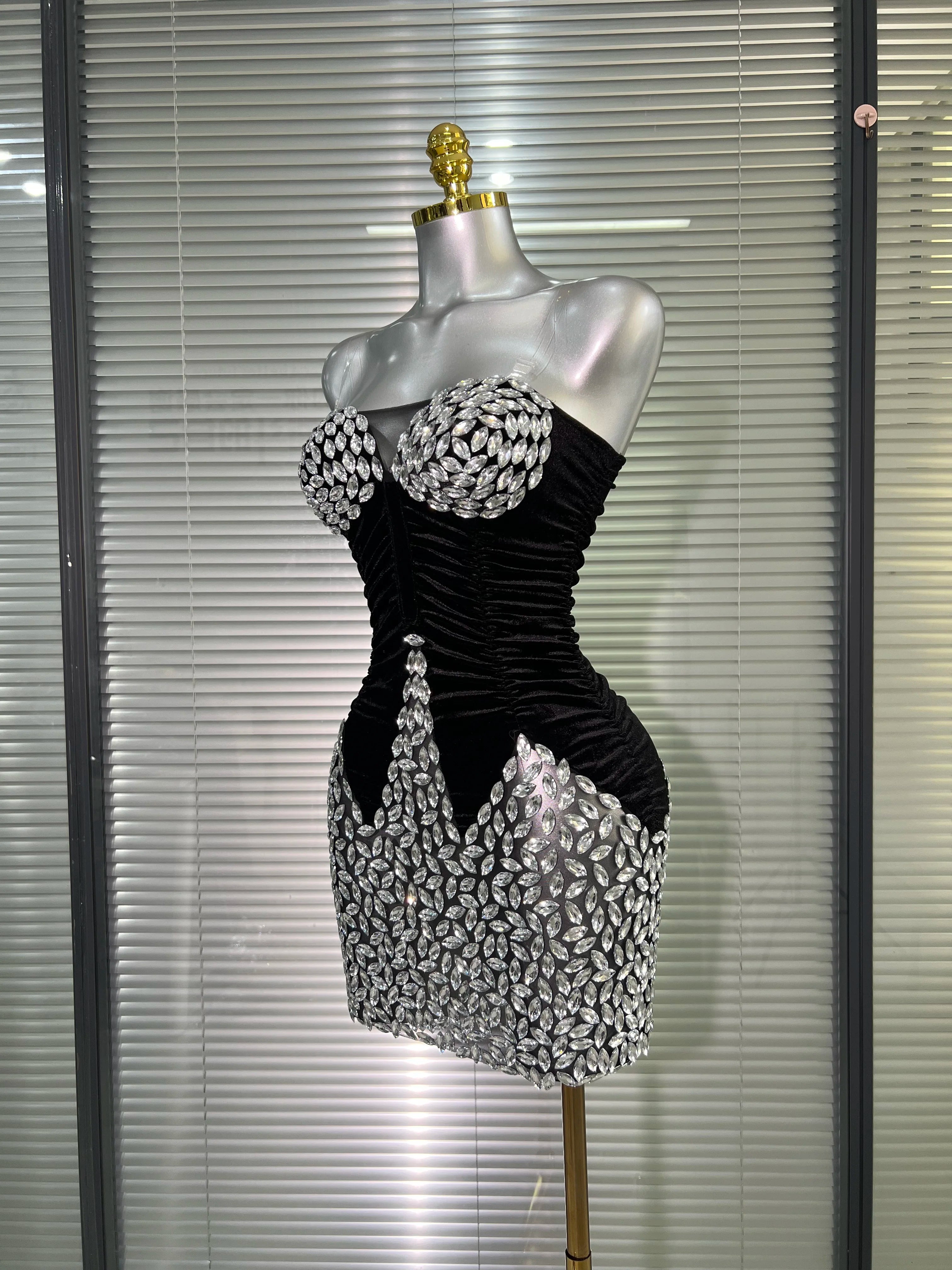 Women Sexy Mesh Crystal Diamonds Black Costume Stage Dancer Stretchy Night Club Strapless Mini Party Dress