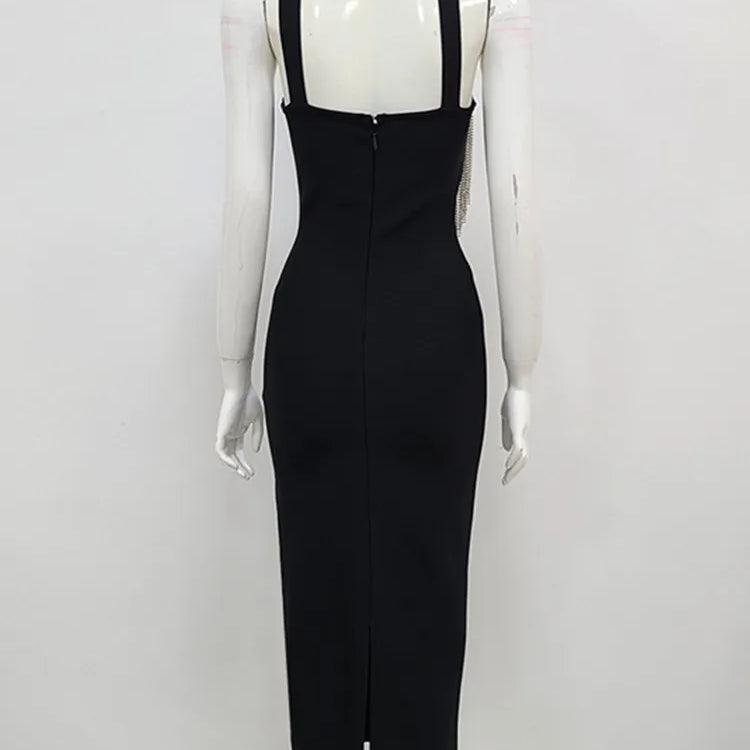 Women Summer Sexy Key Hole Diamonds Tassel Crystal Midi Black Bodycon Bandage Dress Elegant Evening Party Dress Vestido