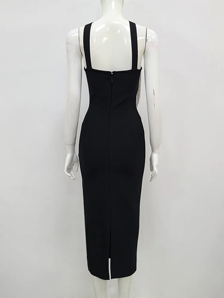 Women Summer Sexy Key Hole Diamonds Tassel Crystal Midi Black Bodycon Bandage Dress Elegant Evening Party Dress Vestido