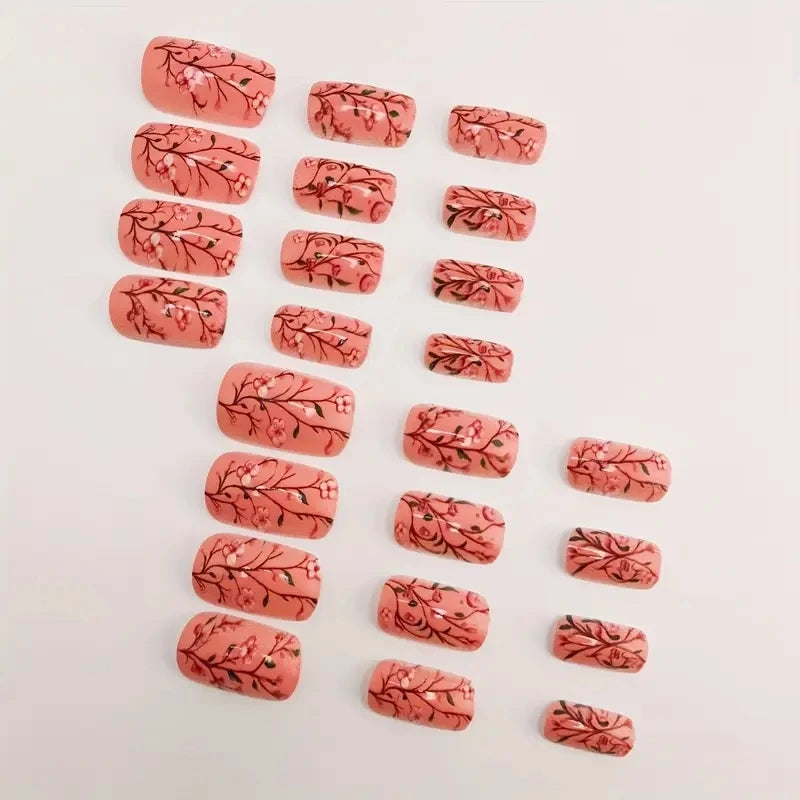 24 pieces of nail art wearing armor, designed with press on fake nail pieces, colorful flowers and plants