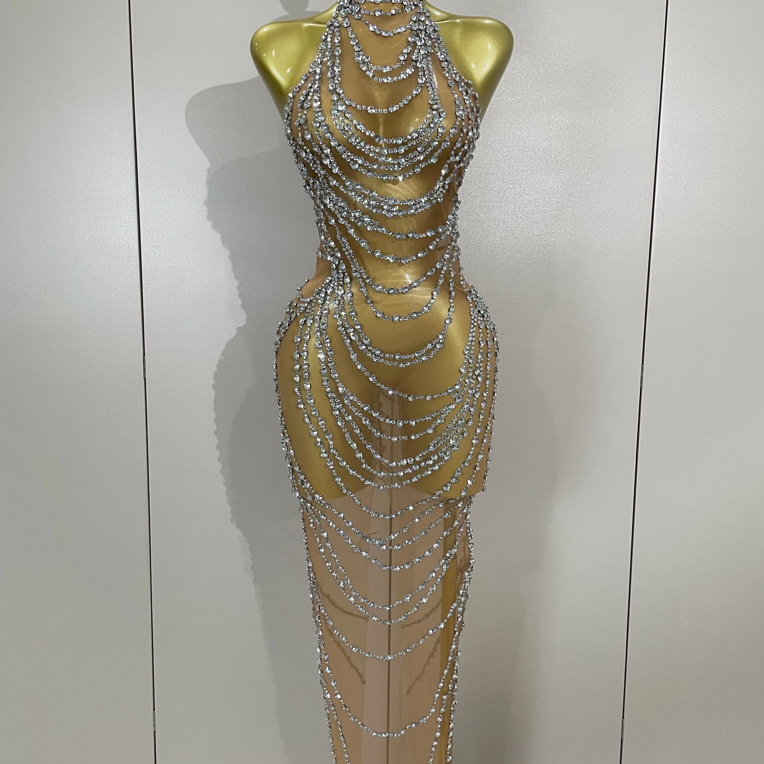 Luxury Sparkly Gold Rhinestone Sexy Transparent Mesh Long Dress 2025 Women Birthday Party Gown Stage Singer Performance Costume