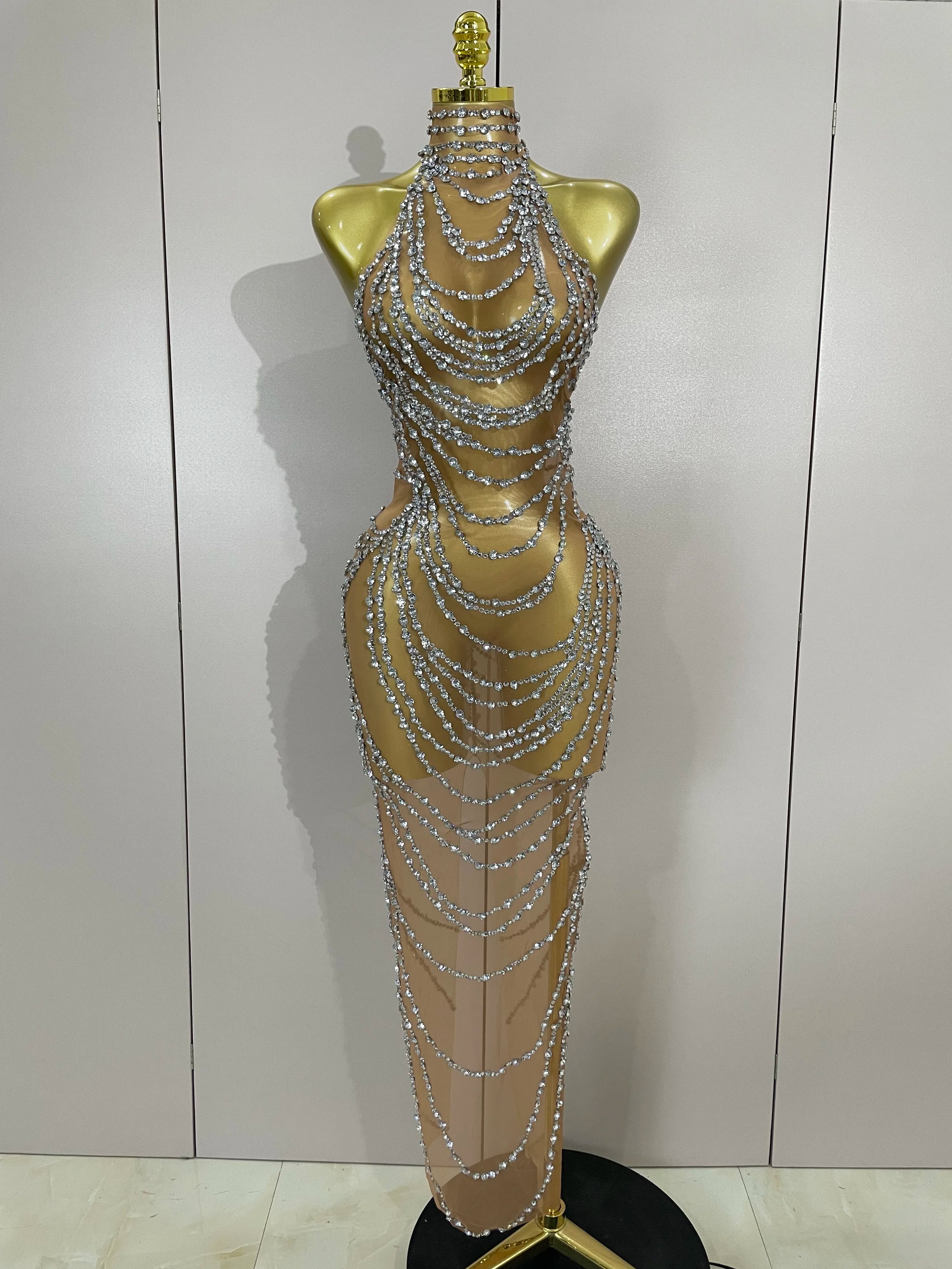 Luxury Sparkly Gold Rhinestone Sexy Transparent Mesh Long Dress 2025 Women Birthday Party Gown Stage Singer Performance Costume