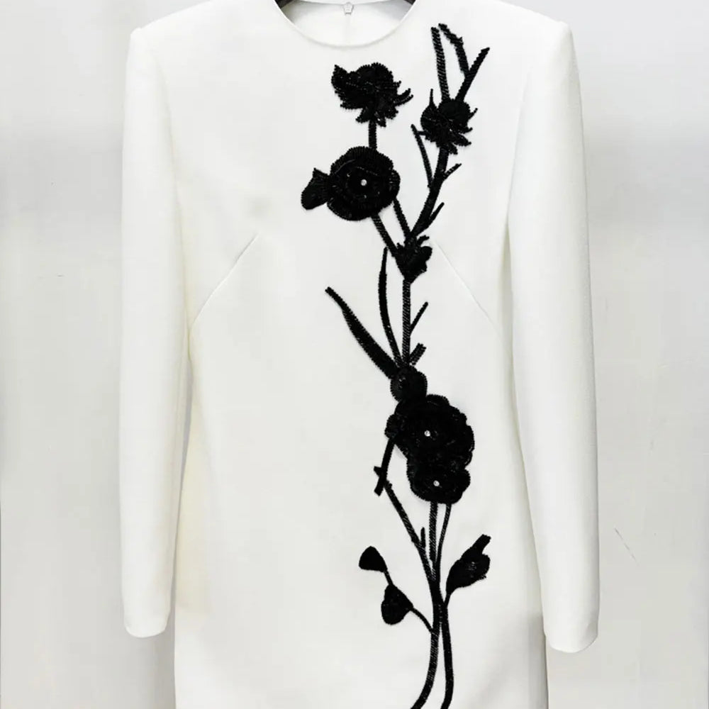 2024 New Women Sequined Bead Flower Elegant Dress O-Neck Long Sleeved Bodycon Mini White Dress Celebrity Cocktail Party Vestidos