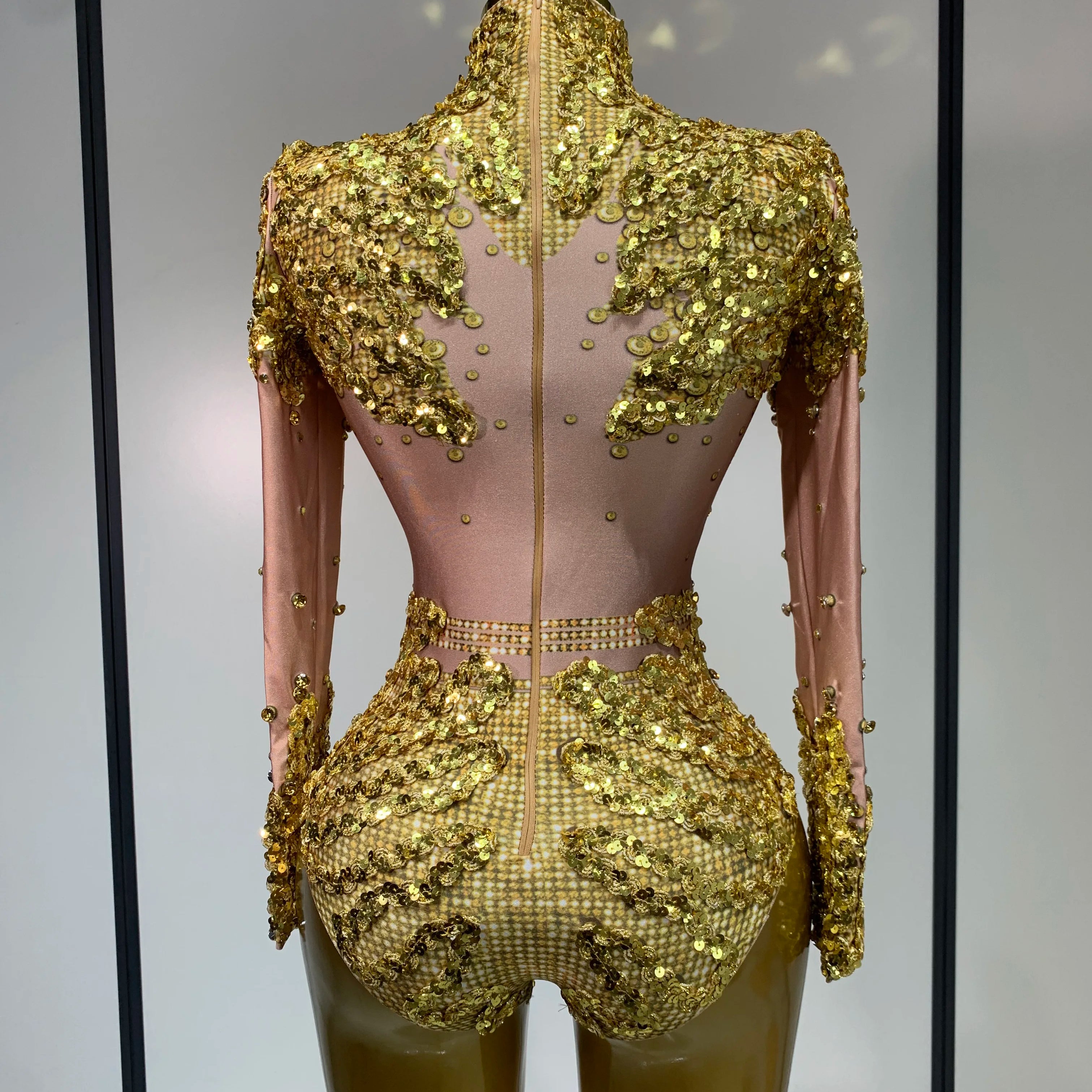 Sparkly Gold Rhinestone Sequin Stretch Bodysuits 2025 Women Luxury Birthday Party Nightclub Dancer Stage Performance Costume