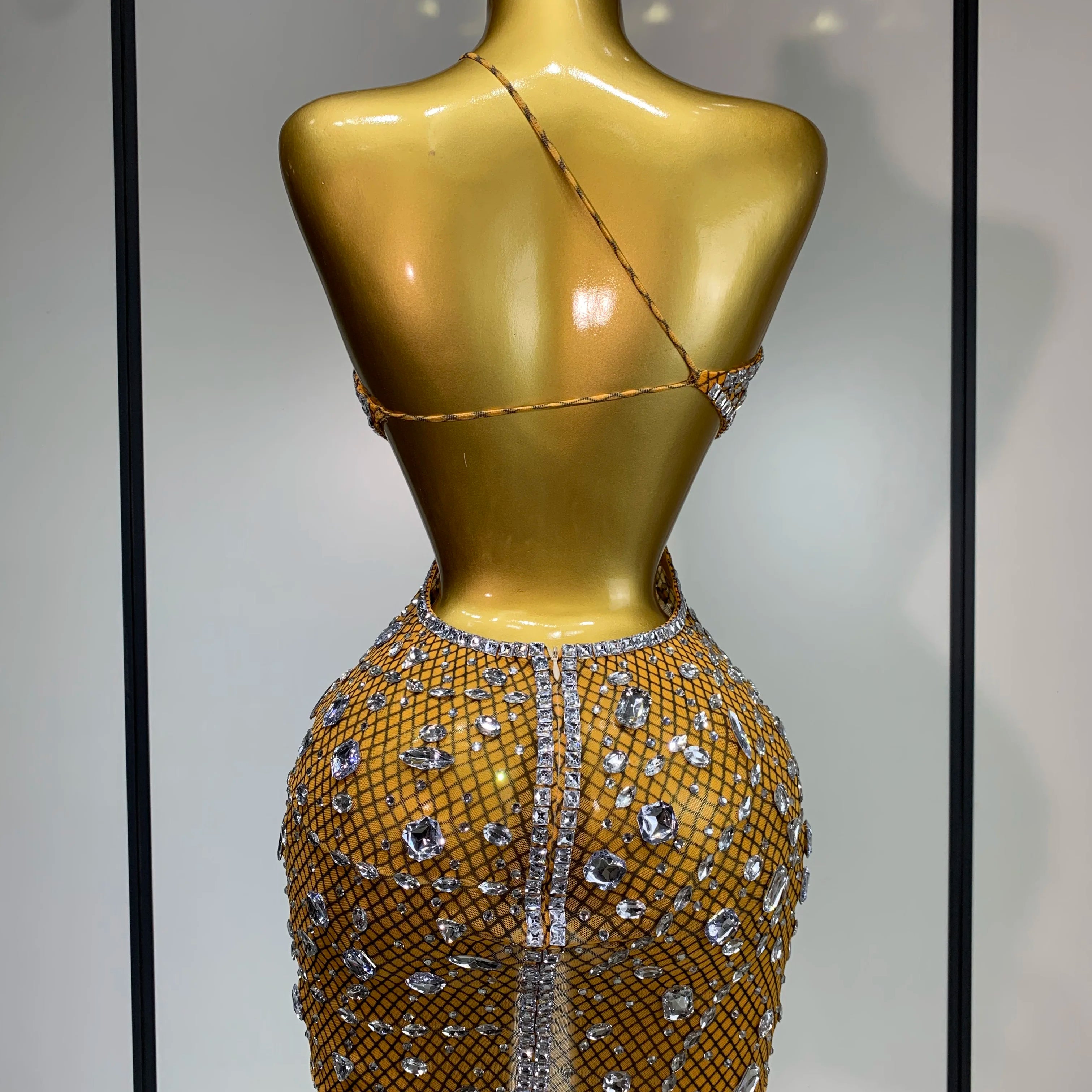 Sparkly Rhinestones Backless Mini Dress Women Sexy Mesh Transparent Celebrate Evening Birthday Dress Photo Shoot Stage Wear