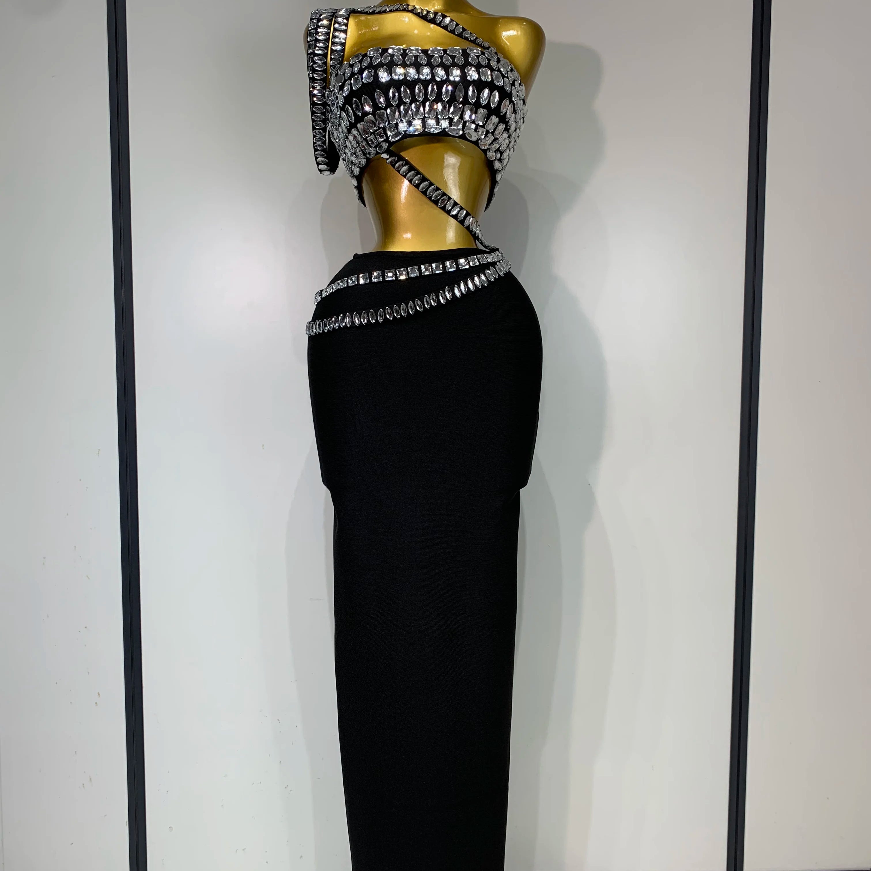 Sparkly Crystal Bodycon Long Dress 2025 Women Sexy Crop Top 2 Pieces Set Nightclub Elegant Party Performance Stage Costume