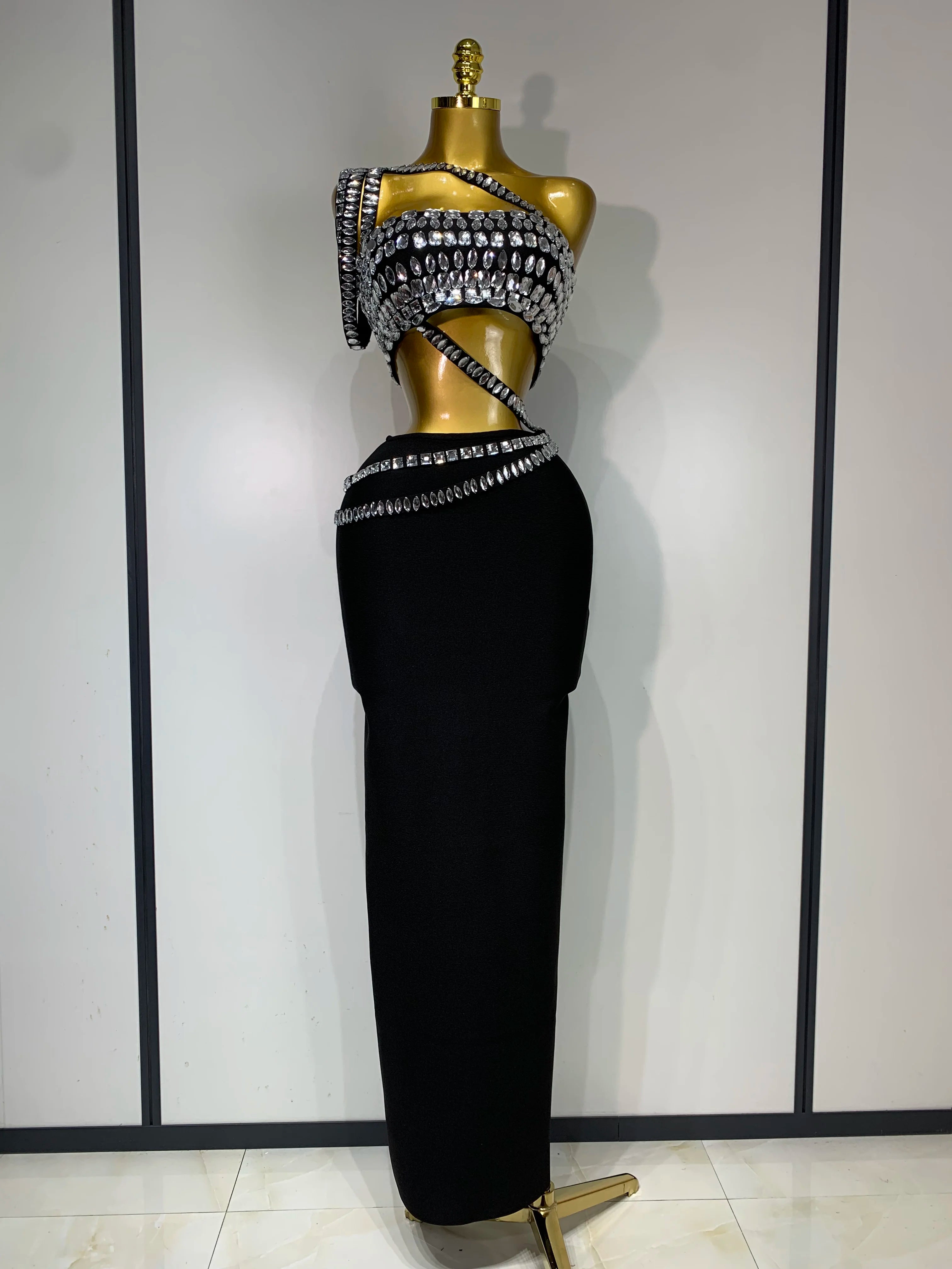 Sparkly Crystal Bodycon Long Dress 2025 Women Sexy Crop Top 2 Pieces Set Nightclub Elegant Party Performance Stage Costume