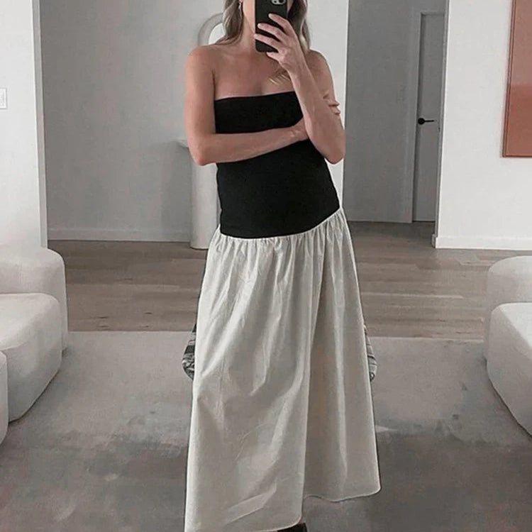 Tossy Patchwork Strapless Sleeveless Dress Women's Contrast Color A-Line High Waist Long Party Dress Fashion Outfits Female New