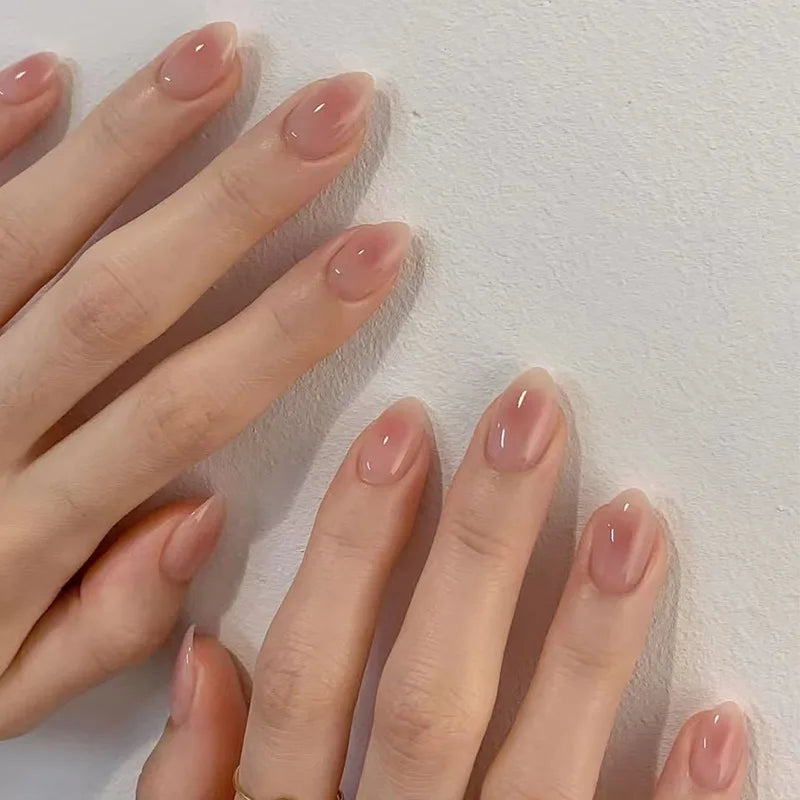 24Pcs Fashion Almond Head Full Cover Nail Tips Nude Pink Oval Press on Fake Nails Short False Nails with Red Love Pattern Design