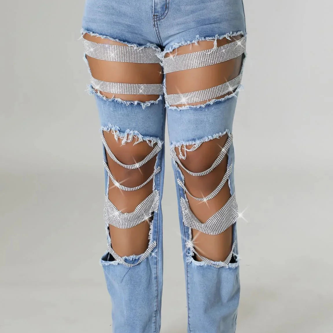 CM.YAYA Women Fashion Pearl Beading Ripped Hollow Out Tassel Wide Leg Jeans 2024 New Summer INS Street Denim Pants Trousers