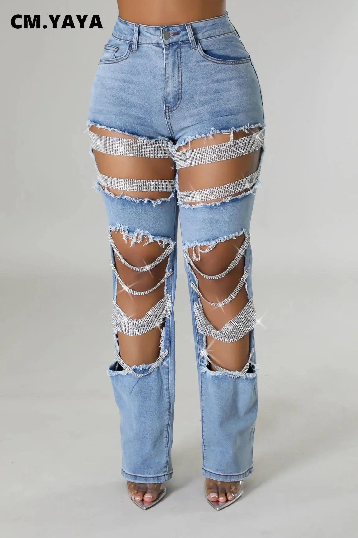 CM.YAYA Women Fashion Pearl Beading Ripped Hollow Out Tassel Wide Leg Jeans 2024 New Summer INS Street Denim Pants Trousers