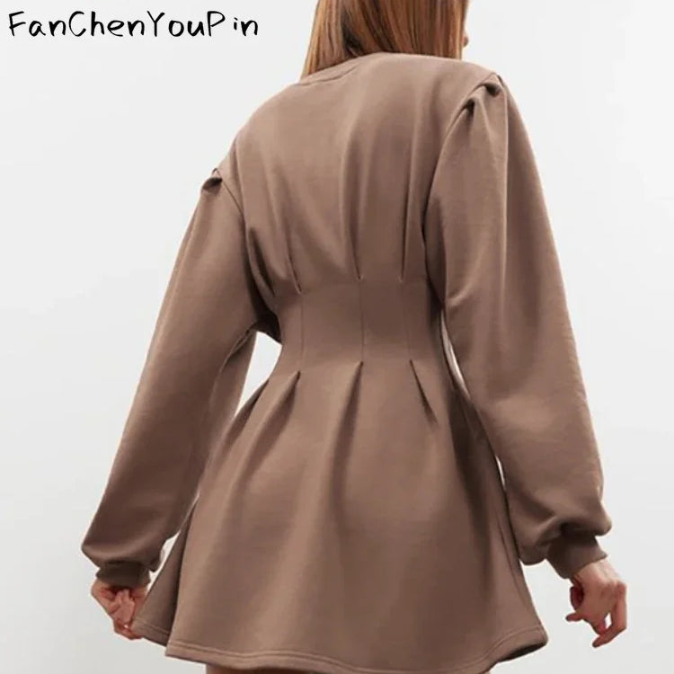 Spring Summer Women's Dress A-line Lantern Sleeves O-neck Short Skirt Vintage Slim Fit Pleated Temperament Dresses Female