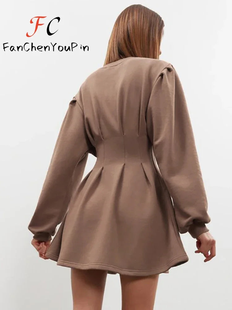 Spring Summer Women's Dress A-line Lantern Sleeves O-neck Short Skirt Vintage Slim Fit Pleated Temperament Dresses Female