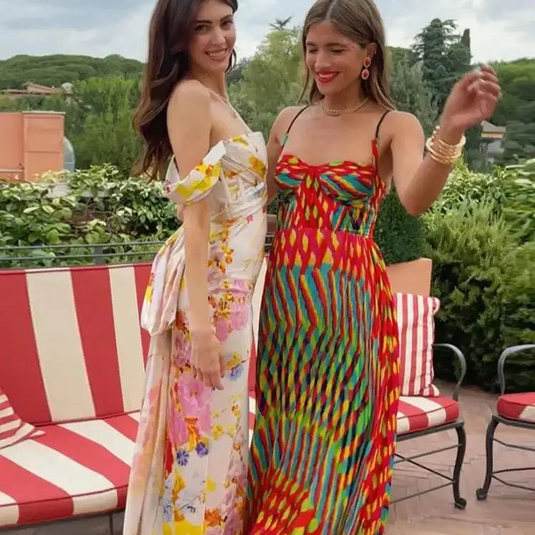 Print Contrasting Sling Maxi Dresses For Women Beach Colorful Sleeveless Backless Loose Dress Lady Summer Vacation Vestidos