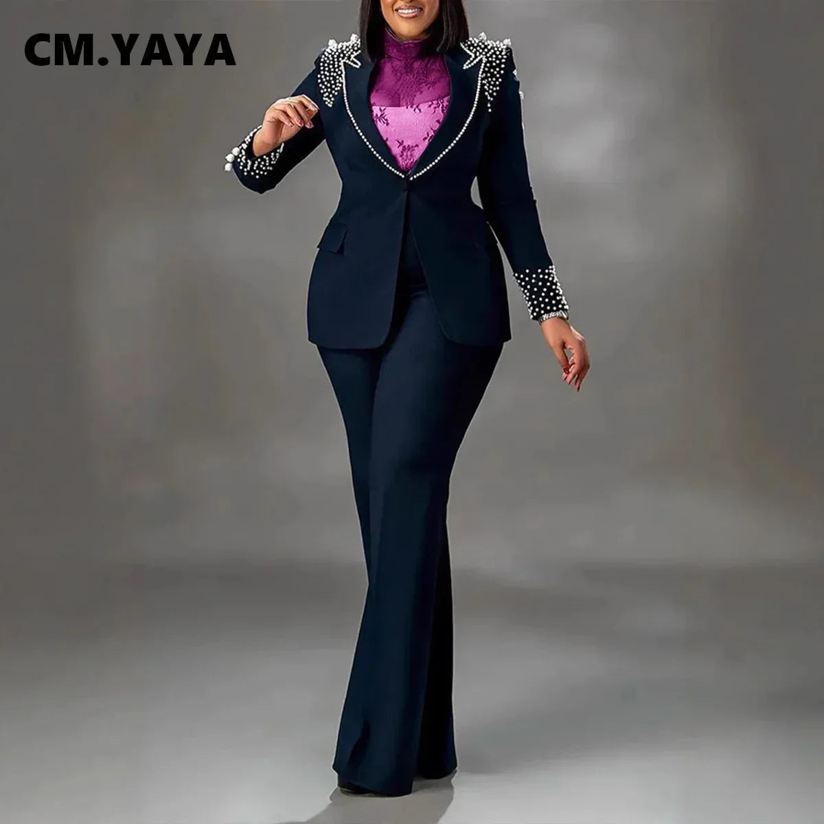 CM.YAYA Fashion Pearl Splicing Women's Set Long Sleeve Blazer and Wide Leg Pants Suit 2024 Winter OL Fall Two 2 Piece Set Outfit