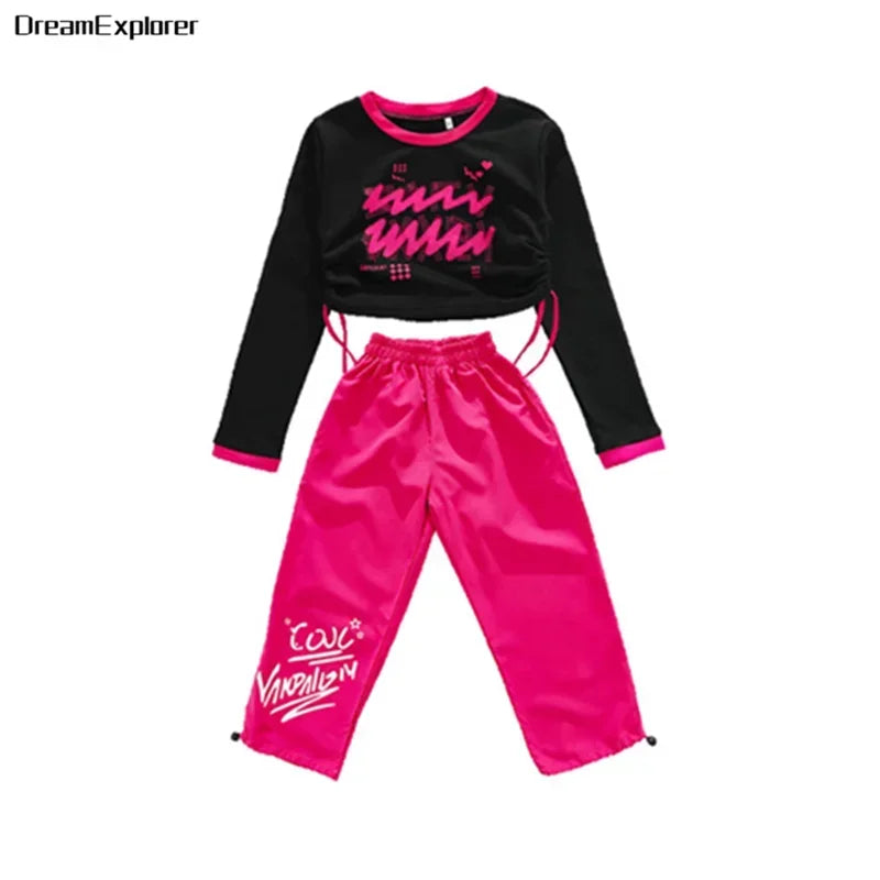 Girls Hip Hop Crop Top Street Dance Skirts Boys Cool Sweatshirt Pink Cargo Pants Child Streetwear Kids Jazz Costumes Clothes Set Pant Girl 2 Pcs