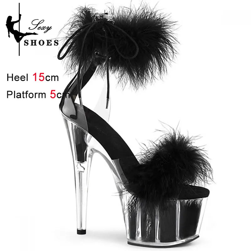 New Cover Heels Buckle Strap Women Sandals Platform Open Toe Color Feather Bride's Wed-ding Shoes Stripper Nightclub Party Heels
