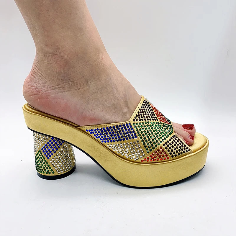 Fashion Italian Designers Luxury Round Toe Rhinestone Bright Diamond Patchwork Summer Women's Platfrom High Heels Shoes