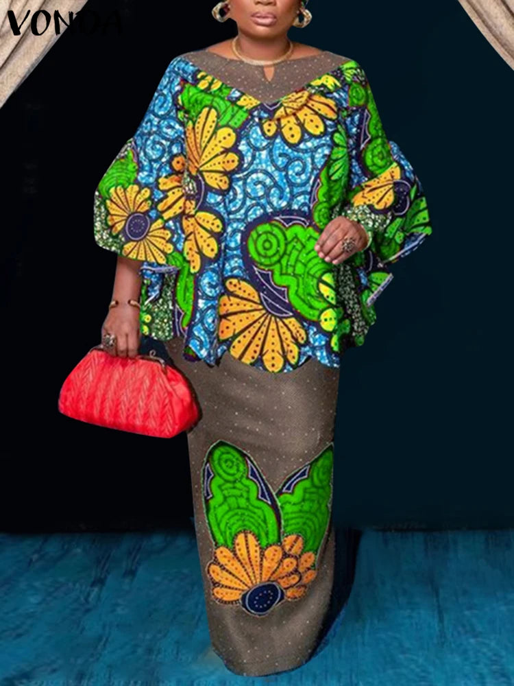 Plus Size VONDA Women Sets 2025 Fashion Suit 3/4 Flare Sleeve Floral Printed Tops And Elastic Waist Maxi Skirts 2Pcs Sets