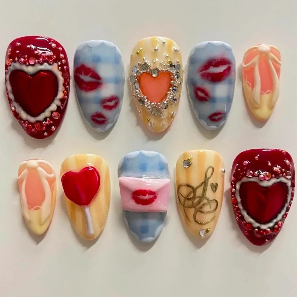 24pcs Red False Nails Sets Bow Lip Print Design Full Cover Nail Tips Sweet Valentine's Day Short Almond Press on Fake Nails Art