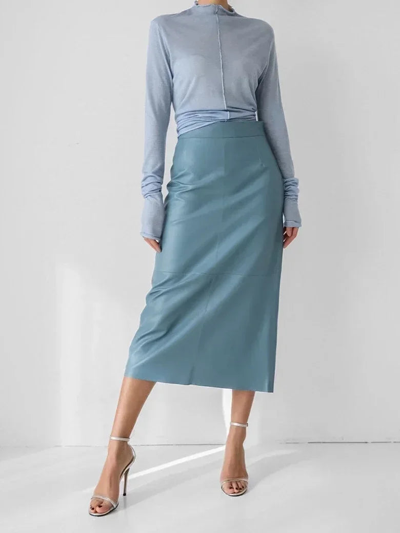Khaki Wrap Skirts for Women Spring Elegant Simple PU Slit A Line Midi Skirts Black Sexy Slim High Waist Bodycon Skirt