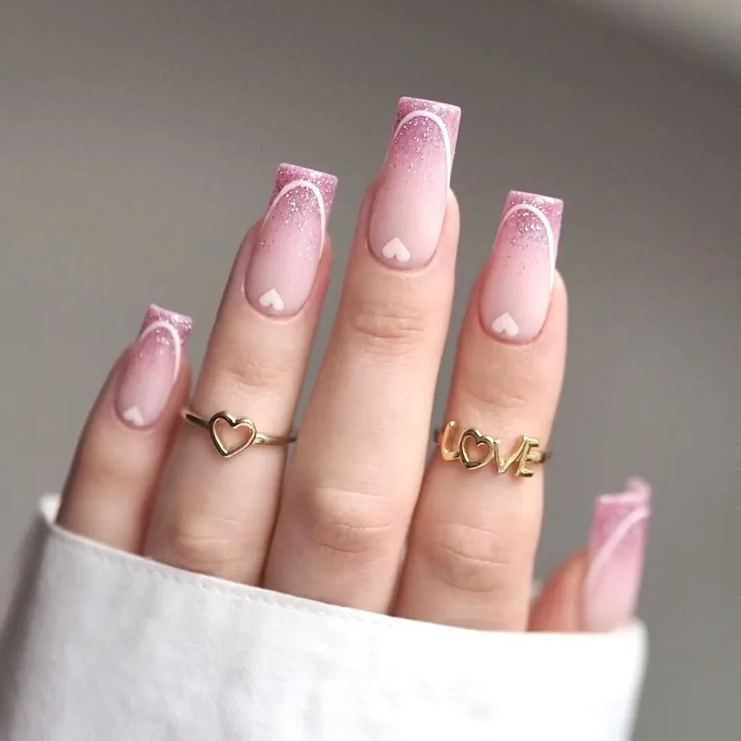 Medium-length Square Fake Nails 24Pcs Sweet Girls Valentine's Day Pink Glossy Sequins French Press On Nails Love Heart Printed