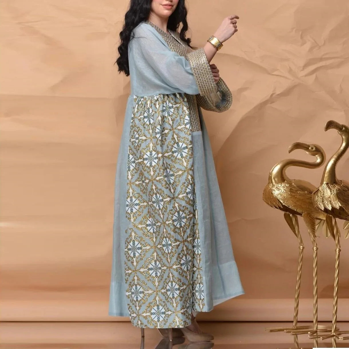 Bridal Luxury Evening Dresses O-Neck Straight Long Sleeved Ankle-Length Chiffon Formal Evening Prom Dress Women
