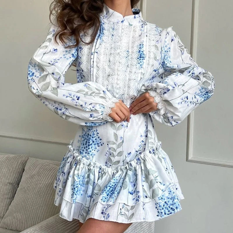 TWOTWINSTYLE Hit Color Spliced Printing Elegant Dresses for Women High Waist Long Sleeves Patchwork Ruffles Folds Dress Female