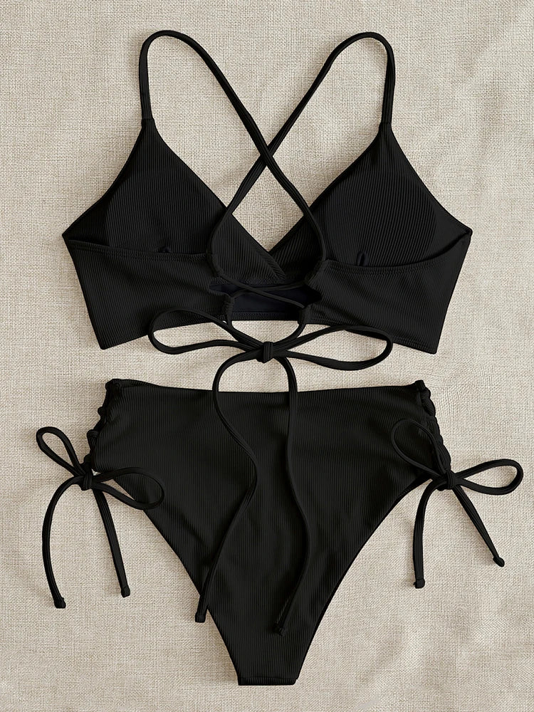 Bikini Women Swimsuit New Solid Black High Waist Bikinis Set Lace Up Bathing Suit Swimwear Summer Brazilian Beach Two Piece