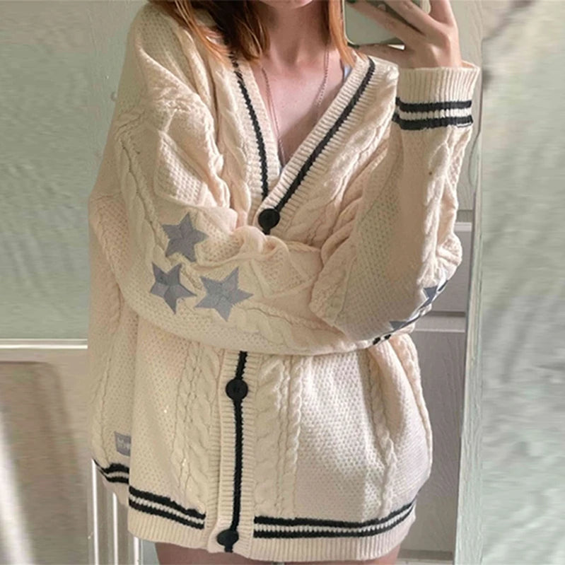 Winter Loose Cardigans Women Star Embroidered Tay Vintage Y2K Streetwear Single Breasted Long Sleeve Top Swift Knitted Sweaters Beige