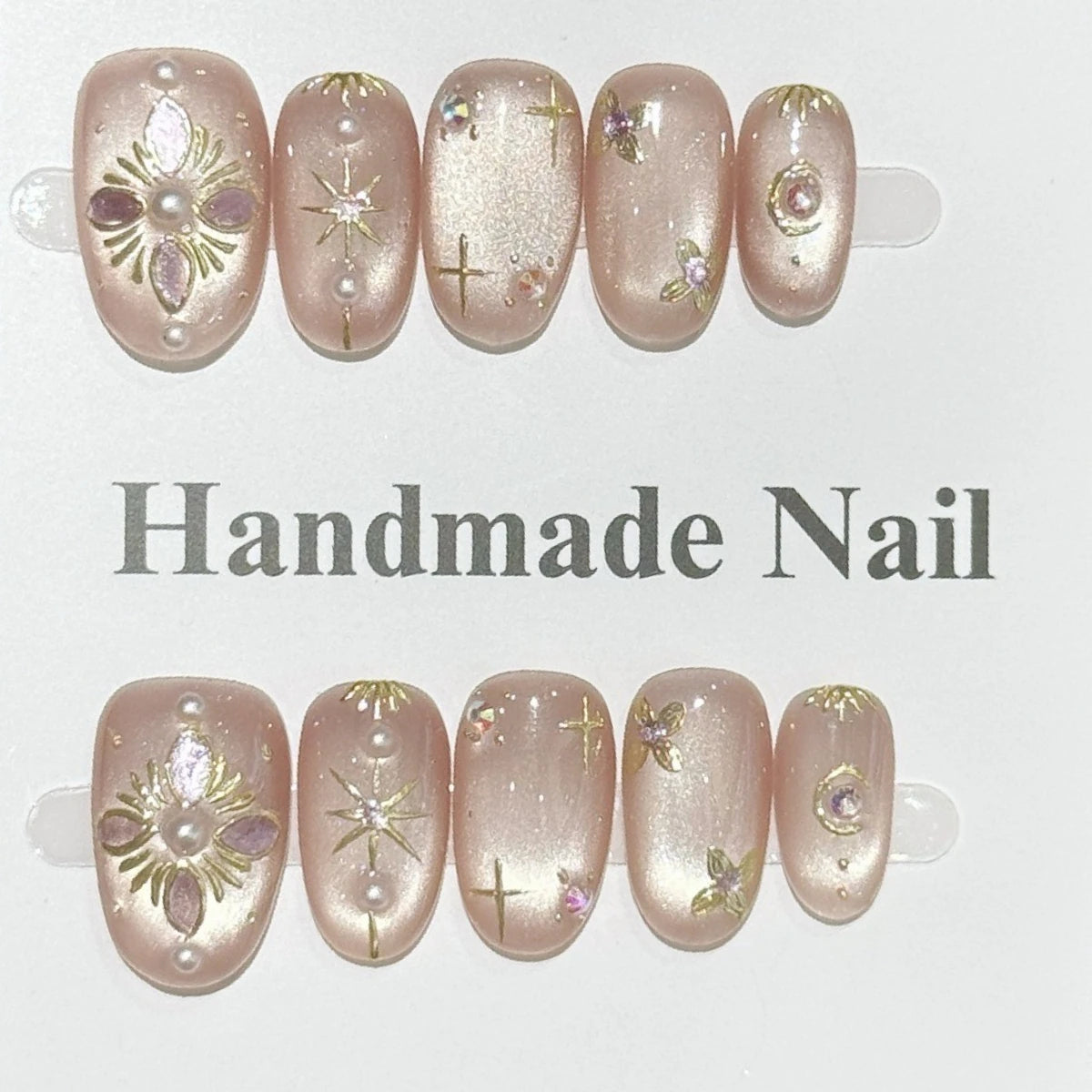 10Pcs Short Oval Nude Pink French False Nails Fairy Hand-painted Cat-eye Patterns Sweet Lovely Wearable Acrylic Nails Tips Set